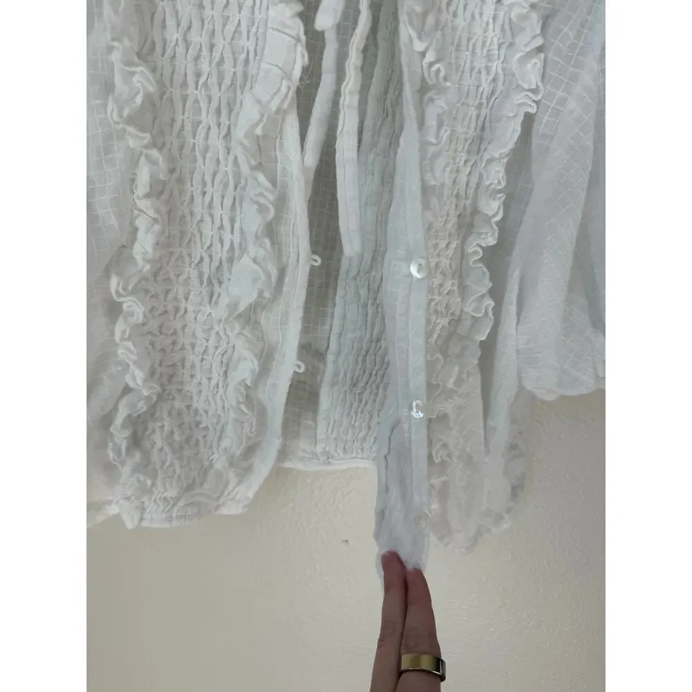 Innika Choo Smocked Ruffle Puff Sleeve Cutout Button Up Peasant Top - Picture 8 of 8
